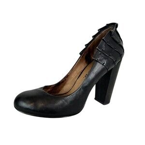 No. 704 b. Black Leather Esther Pleated Chunky Heel Heels Pumps 37.5 / 7.5